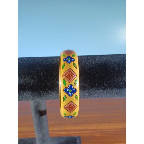 Vtg. Boho Hand Painted Wood Bangle Bracelet Floral/Geometric-Blue, Pink, Green - Picture 3 of 8